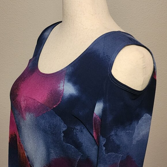 Open Shoulder Dress by Clara Sun Woo, Blue and Pink Watercolor Print, Large 14 - Picture 2 of 5